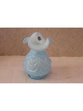 Fenton Blue Overlay Cased Glass Vase Drapery Design Ruffled Top